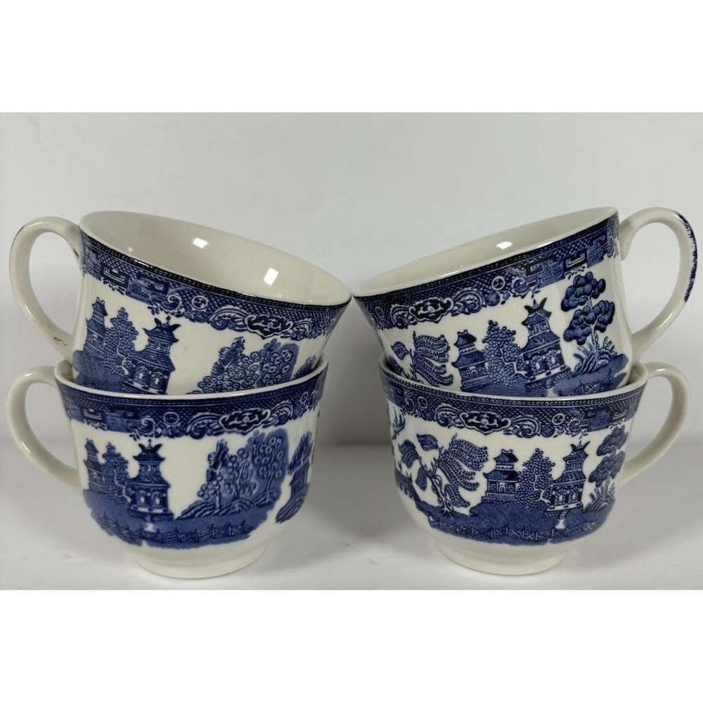 Blue Willow Tea Cups Set of 4 Made In England Mixed Handles Blue White